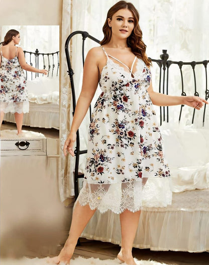 Floral Print Lace Hem Nightdress curve