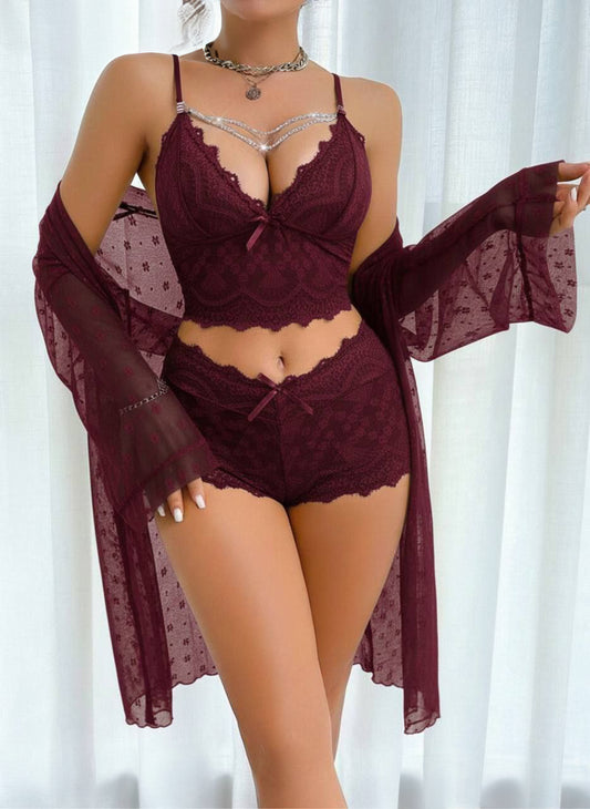 Sexy Lingerie Robe Sexy Nightdress Lace 3 Pcs Sets