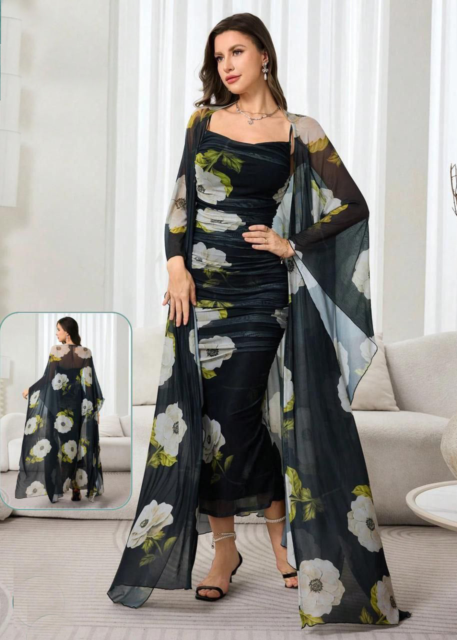 Modelyn Floral Print Cami Bodycon Dress & Open Front Coat Two Pieces 2 Pieces Set