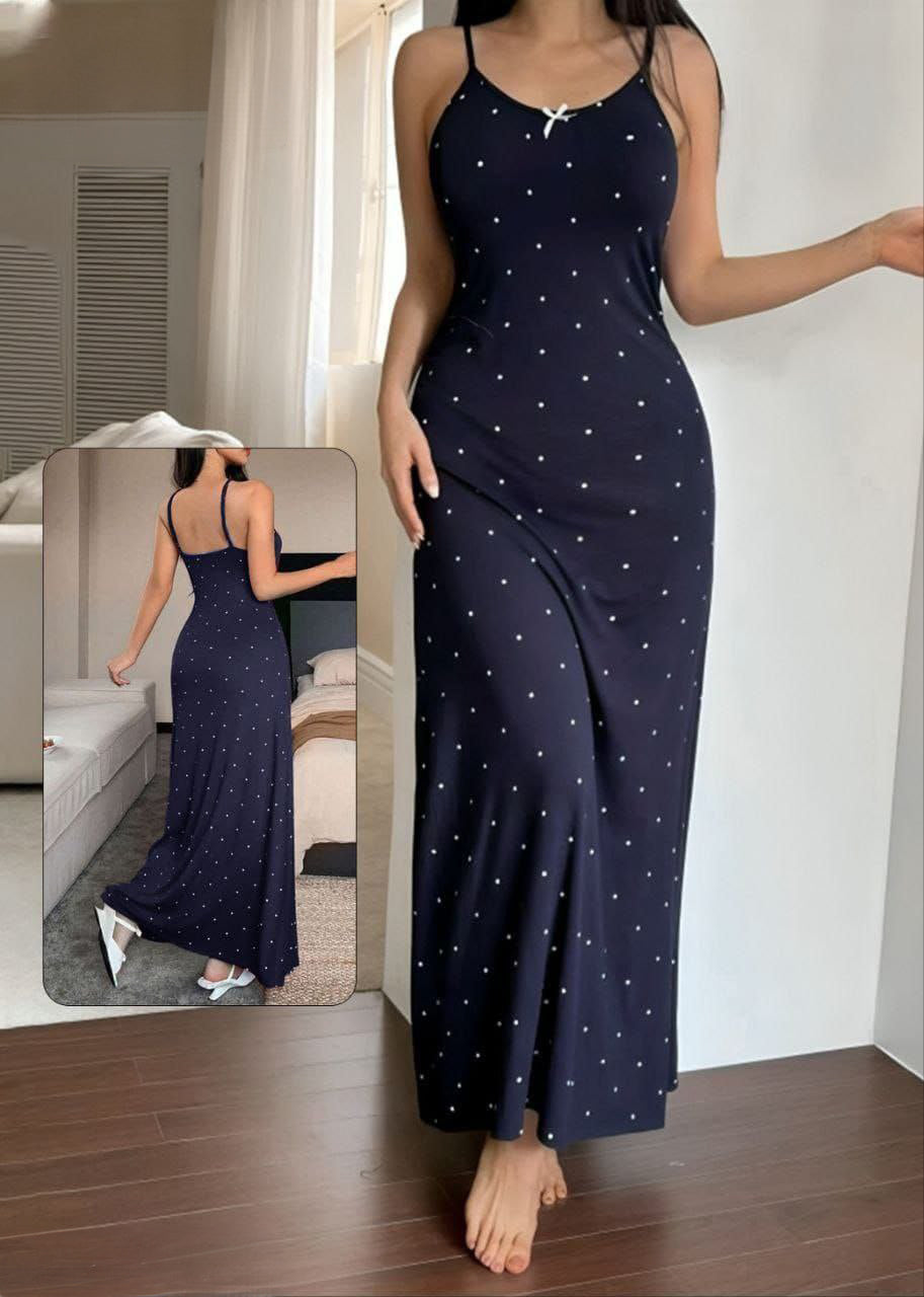 Gathered Waist Polka Dot Print Bowknot Trim Nightdress For Women كاش مايو قطن طويل