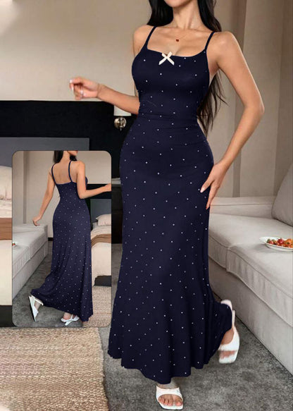Gathered Waist Polka Dot Print Bowknot Trim Nightdress For Women كاش مايو قطن طويل
