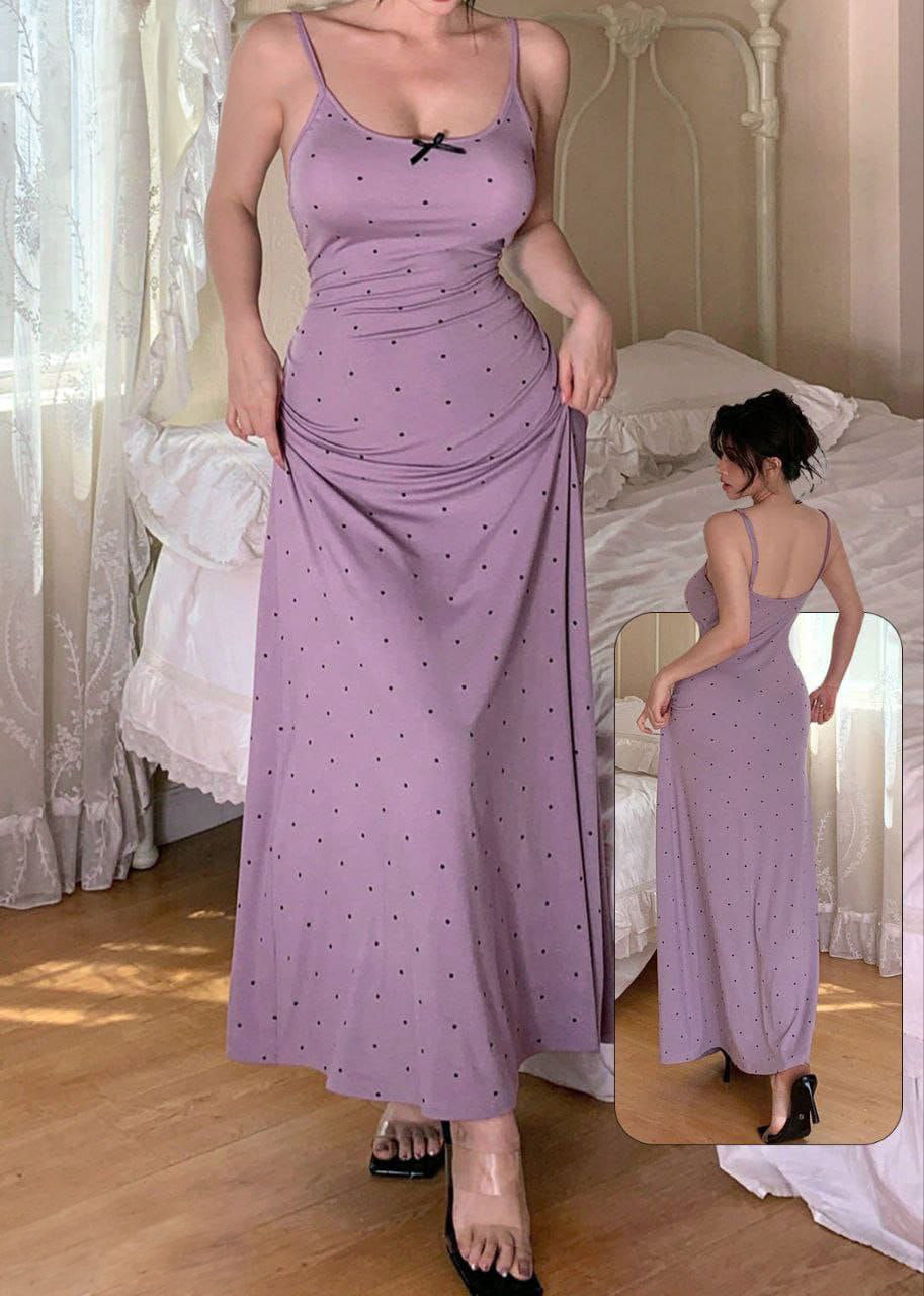 Gathered Waist Polka Dot Print Bowknot Trim Nightdress For Women كاش مايو قطن طويل
