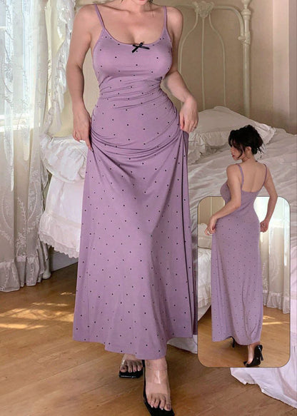 Gathered Waist Polka Dot Print Bowknot Trim Nightdress For Women كاش مايو قطن طويل