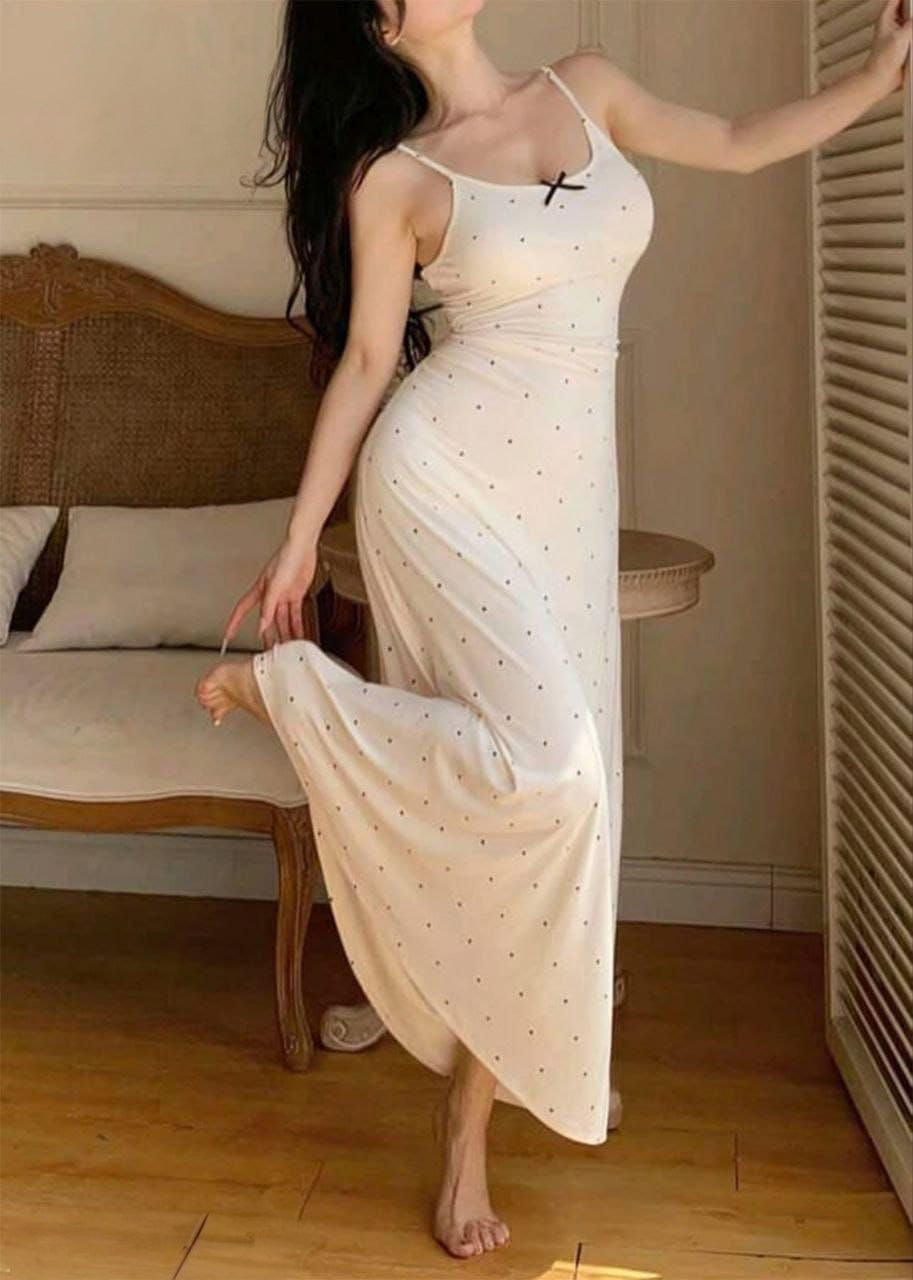 Gathered Waist Polka Dot Print Bowknot Trim Nightdress For Women كاش مايو قطن طويل