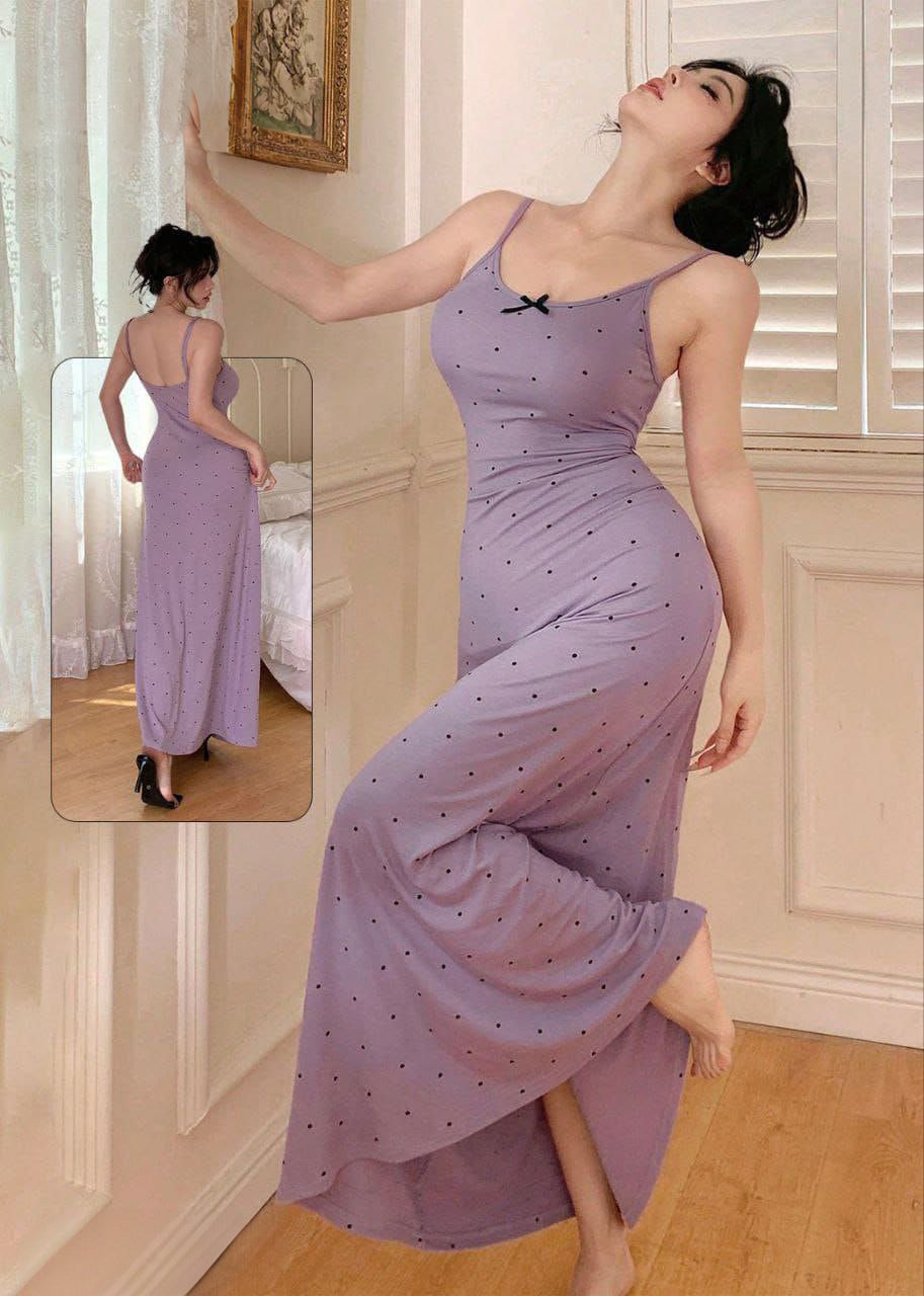 Gathered Waist Polka Dot Print Bowknot Trim Nightdress For Women كاش مايو قطن طويل