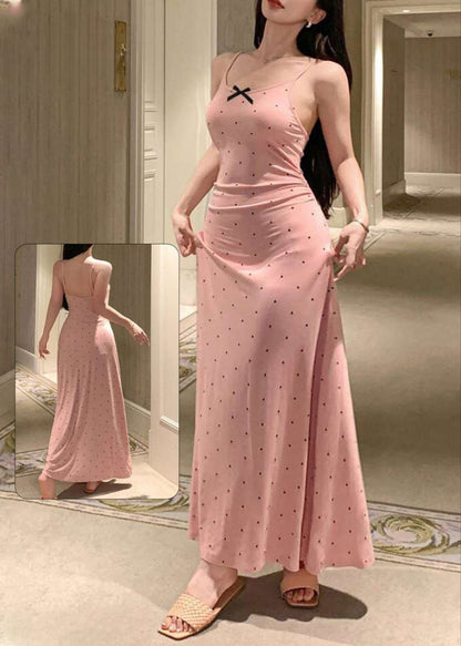 Gathered Waist Polka Dot Print Bowknot Trim Nightdress For Women كاش مايو قطن طويل