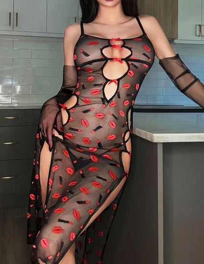 Luxury Red Lace Lip Thigh Split Sexy Dress قميص شفاف تول