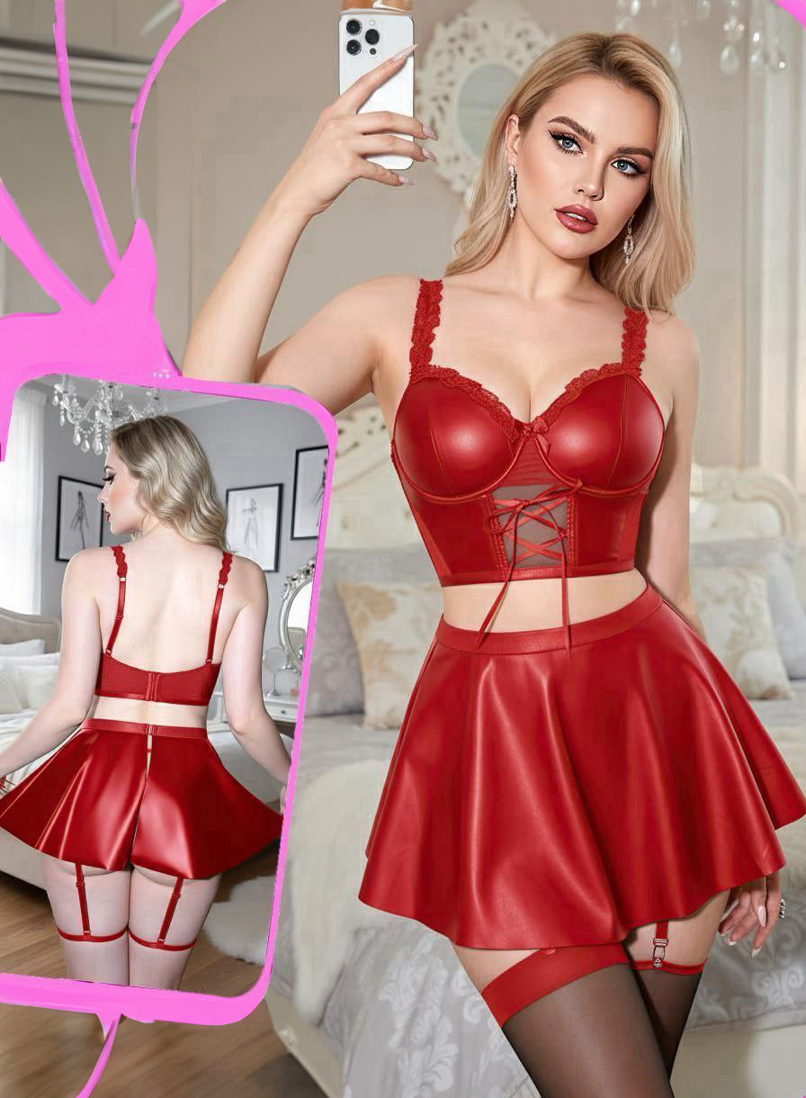 Women Sexy Mesh PU Leather Ruffle Lace-Up Skirt Lingerie Set With Garter قطم  جلد سكيرت وتوب