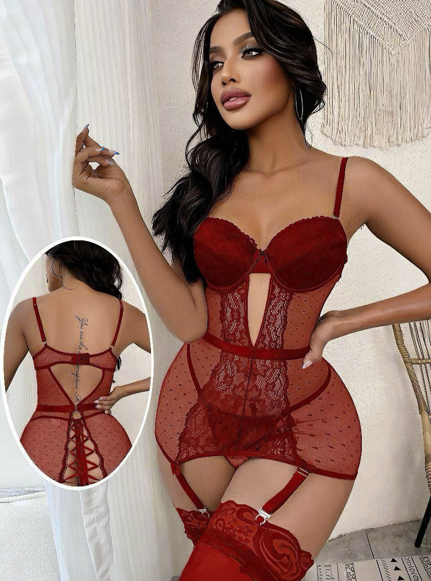 Lace Panel Lace Up Back Dobby Mesh Garter Lingerie Set