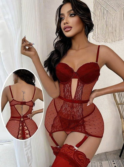 Lace Panel Lace Up Back Dobby Mesh Garter Lingerie Set