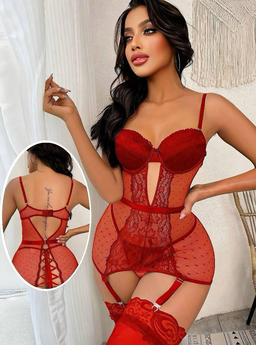 Lace Panel Lace Up Back Dobby Mesh Garter Lingerie Set