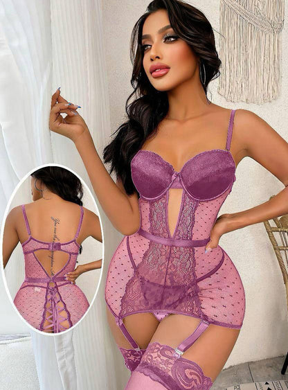 Lace Panel Lace Up Back Dobby Mesh Garter Lingerie Set