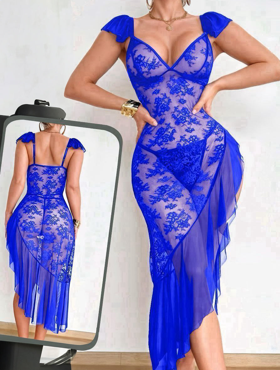 2pcs Set: Sexy Lace Contrast Mesh Asymmetrical Ruffle Hem Maxi Dress
