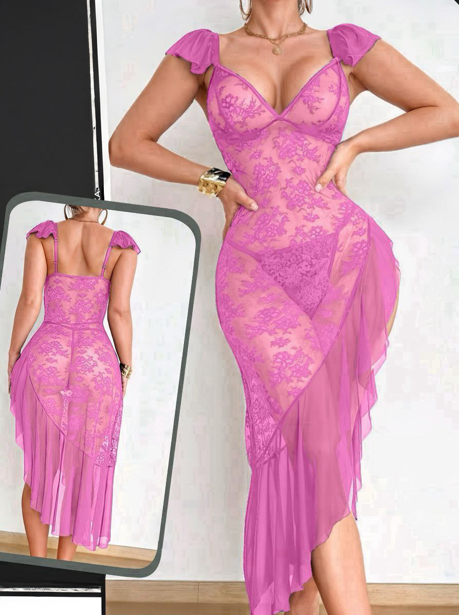 2pcs Set: Sexy Lace Contrast Mesh Asymmetrical Ruffle Hem Maxi Dress