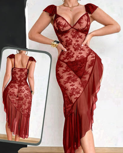 2pcs Set: Sexy Lace Contrast Mesh Asymmetrical Ruffle Hem Maxi Dress