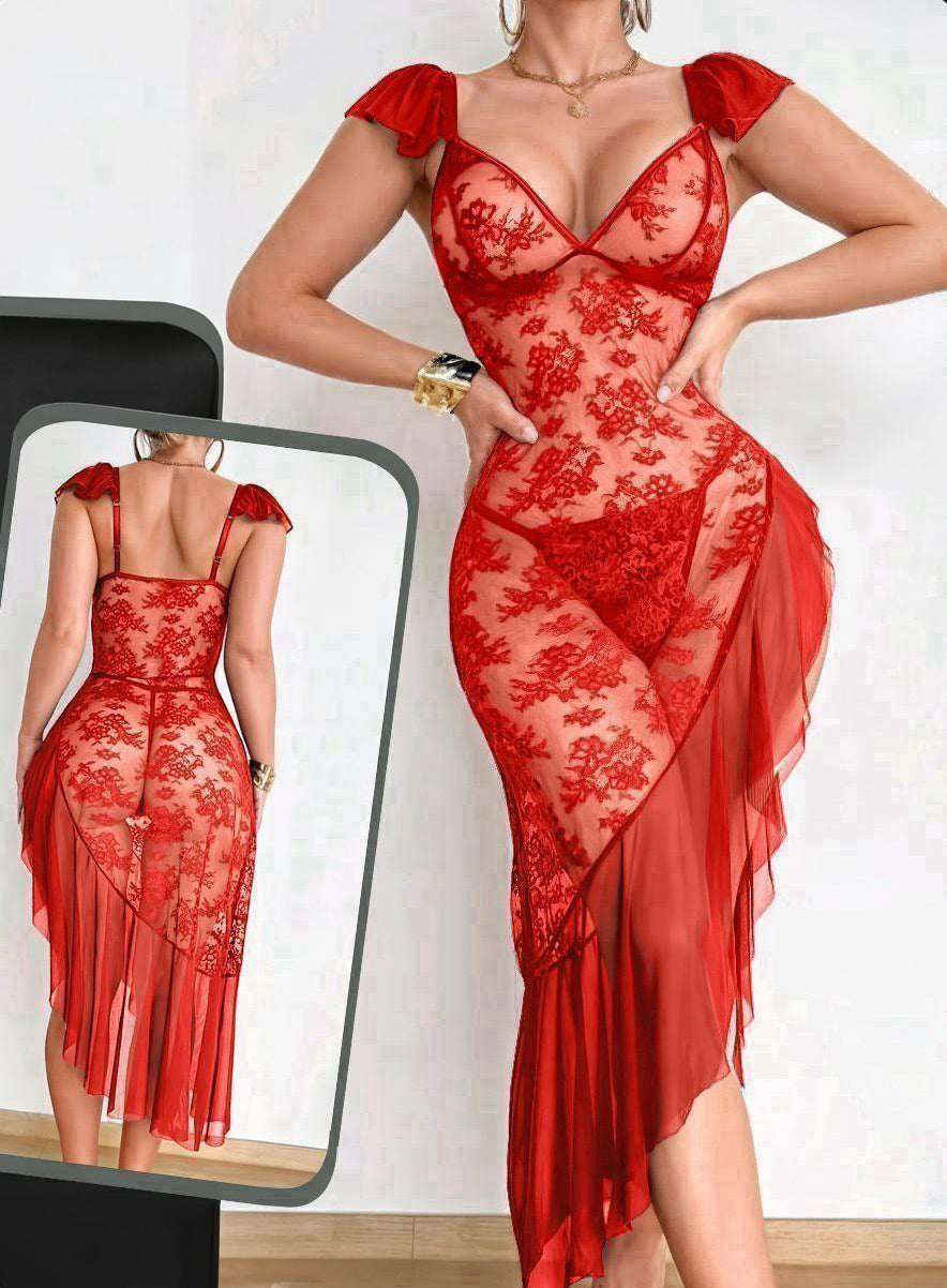 2pcs Set: Sexy Lace Contrast Mesh Asymmetrical Ruffle Hem Maxi Dress