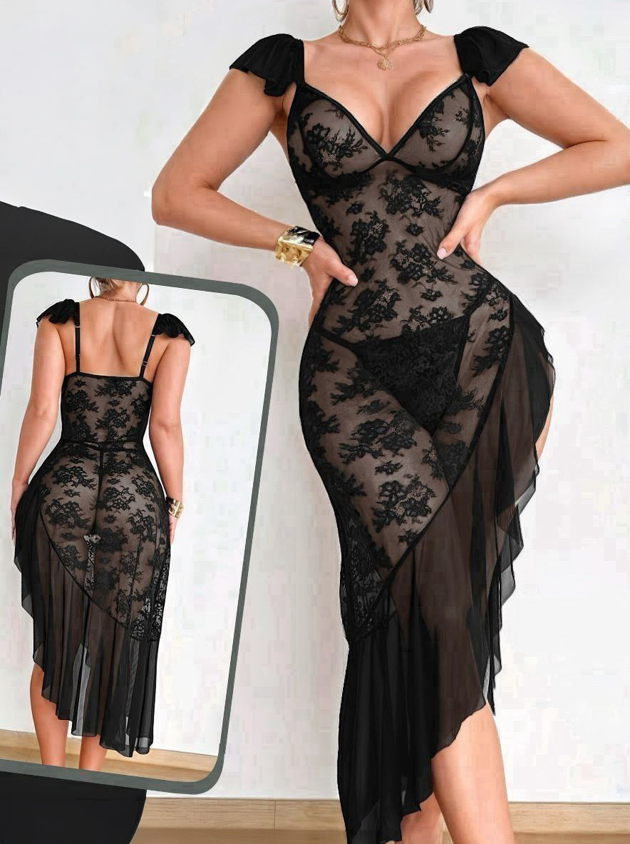 2pcs Set: Sexy Lace Contrast Mesh Asymmetrical Ruffle Hem Maxi Dress