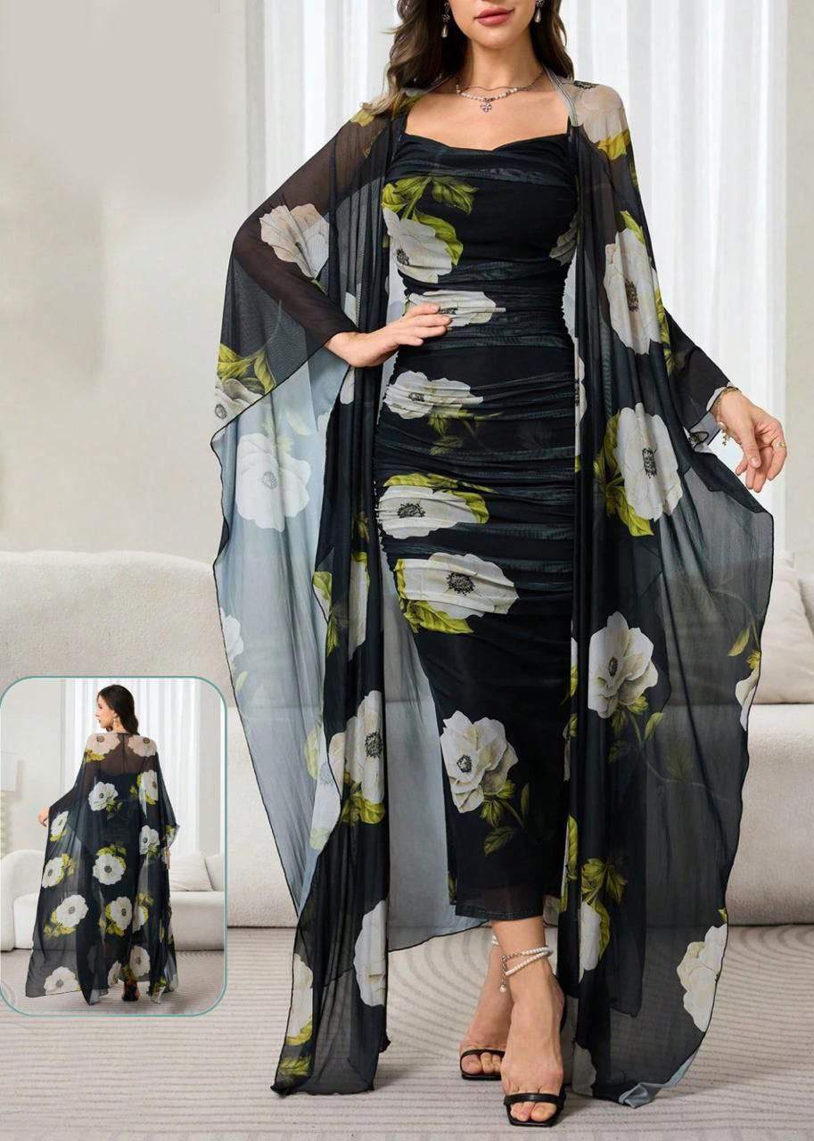 Modelyn Floral Print Cami Bodycon Dress & Open Front Coat Two Pieces 2 Pieces Set