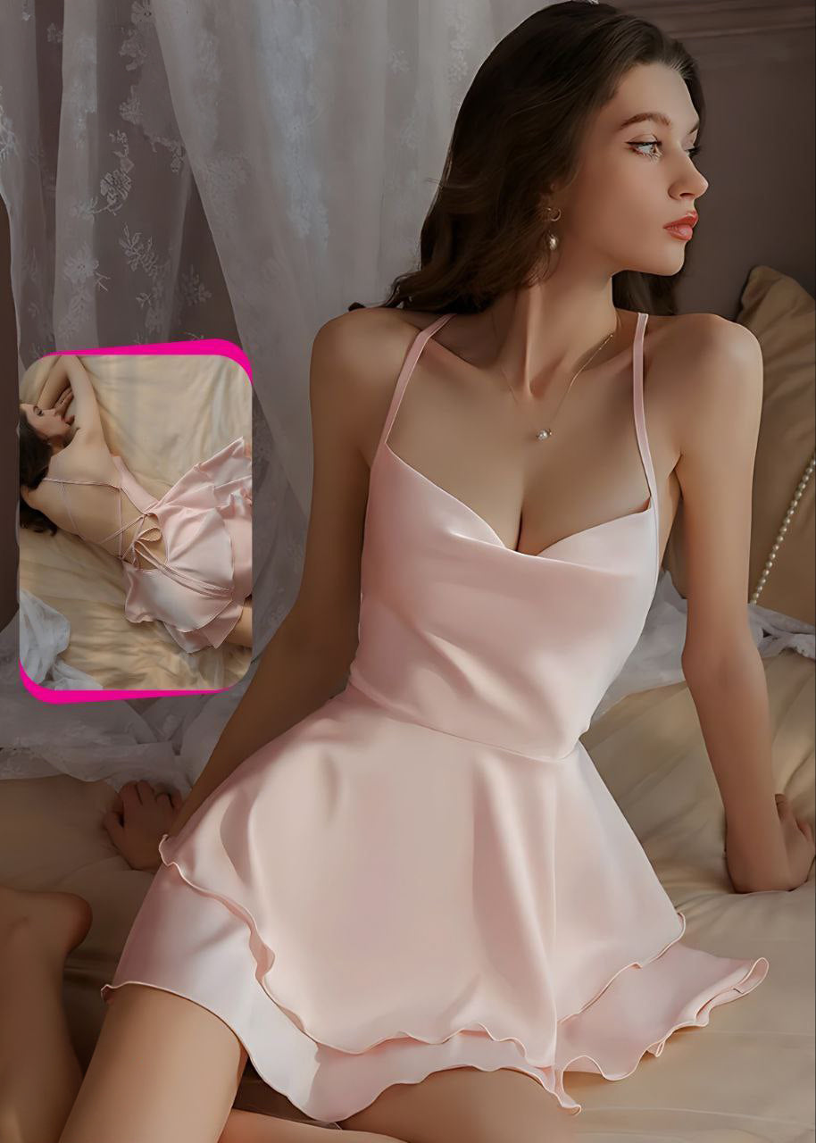 قميص ساتان مستورد خامة ناعمه اربطه من الظهر sexy Backless Sweet Ice Silk Halter Nightdress