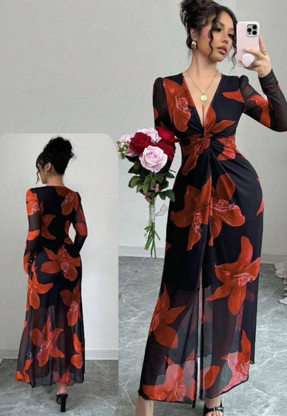 Rafferiza Romantic Mesh Floral Print Twist Front High Slit Cinched Waist V-Neck Bodycon Dress