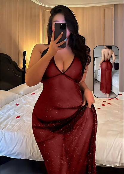 Mesh Sheer Long Camisole Lingerie شفاف لامع طويل قطعتين