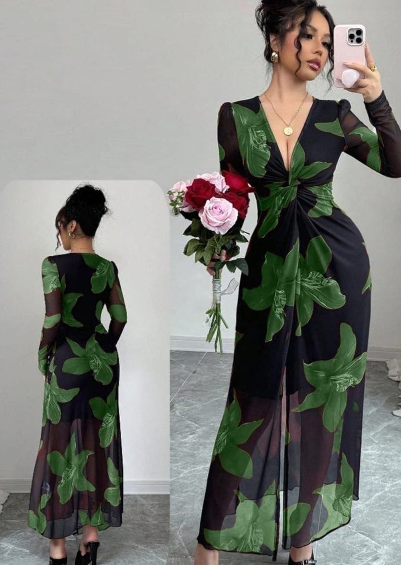 Rafferiza Romantic Mesh Floral Print Twist Front High Slit Cinched Waist V-Neck Bodycon Dress