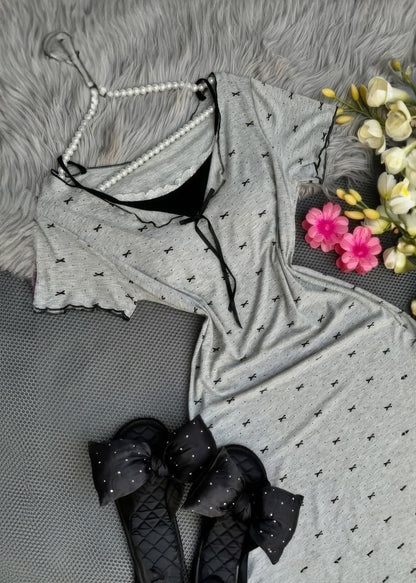 Feyla Bowknot Print V-Neck Bow Decor High Waist Maxi Bodycon Dress