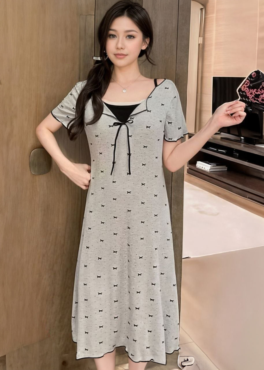 Feyla Bowknot Print V-Neck Bow Decor High Waist Maxi Bodycon Dress