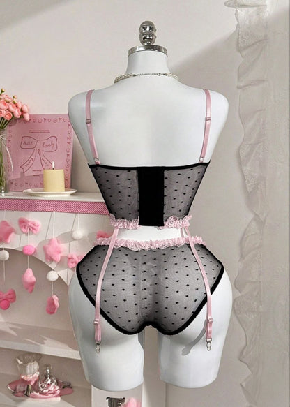PetitDoll Sweet Bowknot Contrast Color Long Slit 2 Pieces Ruched Pleated Heart-Shaped Mesh Underwire