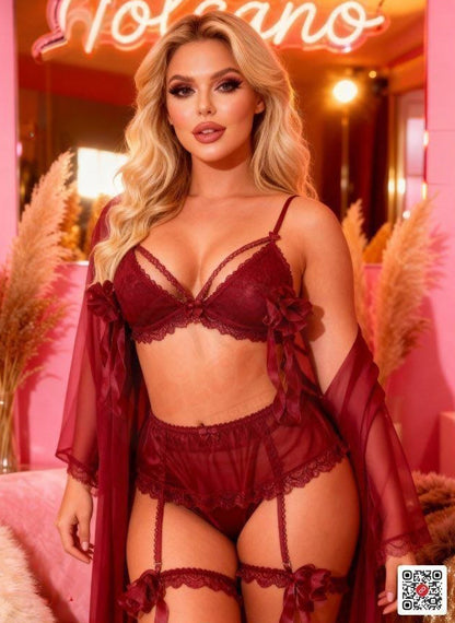 Glory Sexy Lingerie Bathrobe Mesh Eyelash Lace Nightdress Sexy  Lace Lingerie Three-Piece set