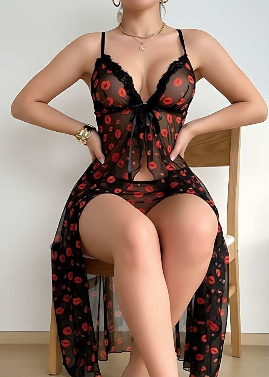 Women Sexy Sheer Lip Print Fabric Slit Bodycon Lingerie Slip Dress Set