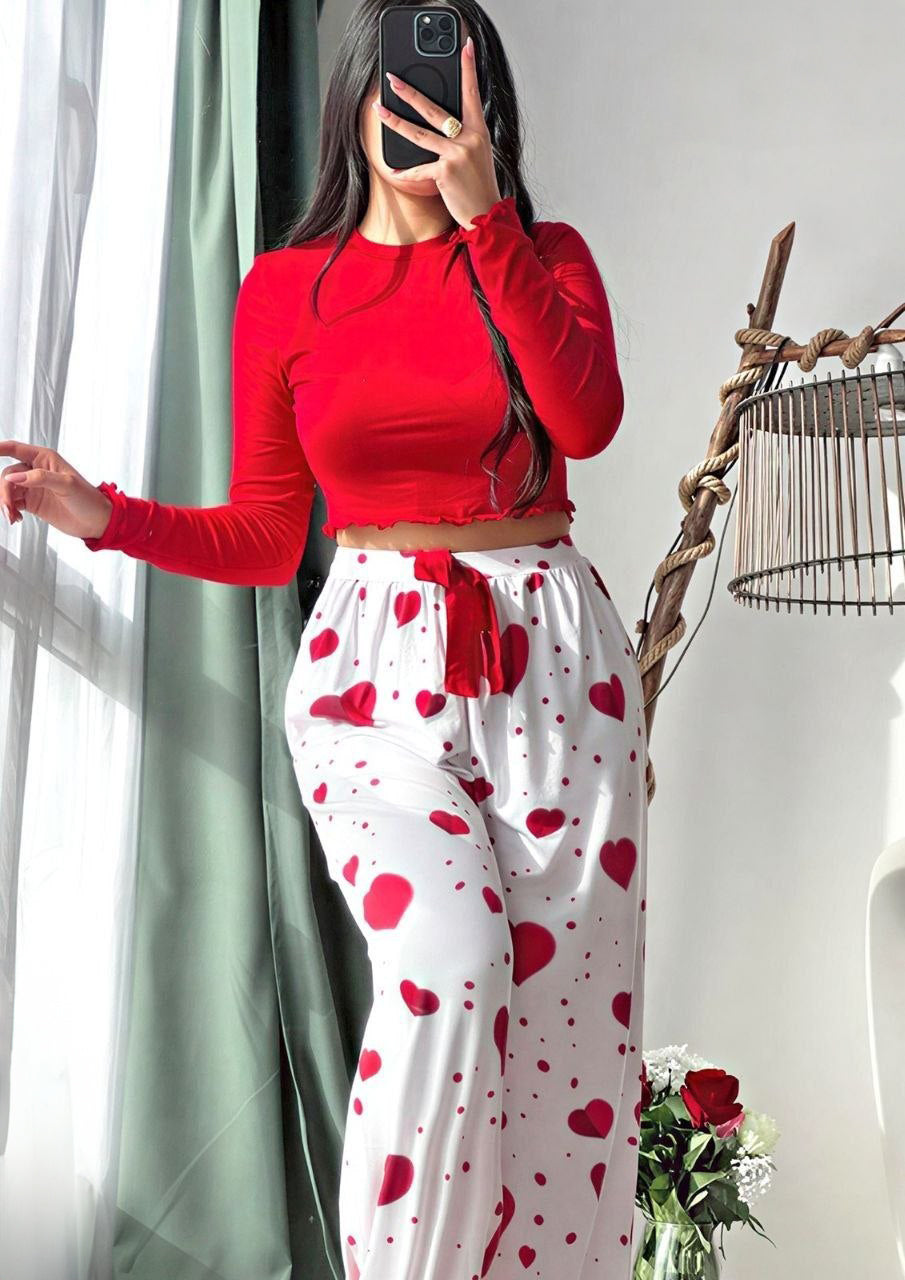 Women's Valentine's Day Solid Color Cropped Top & Heart Print Pants Pajama Set