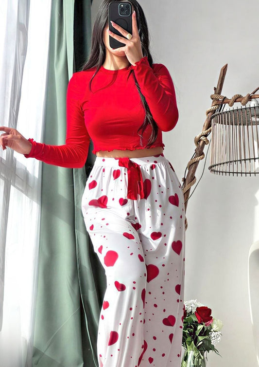 Women's Valentine's Day Solid Color Cropped Top & Heart Print Pants Pajama Set
