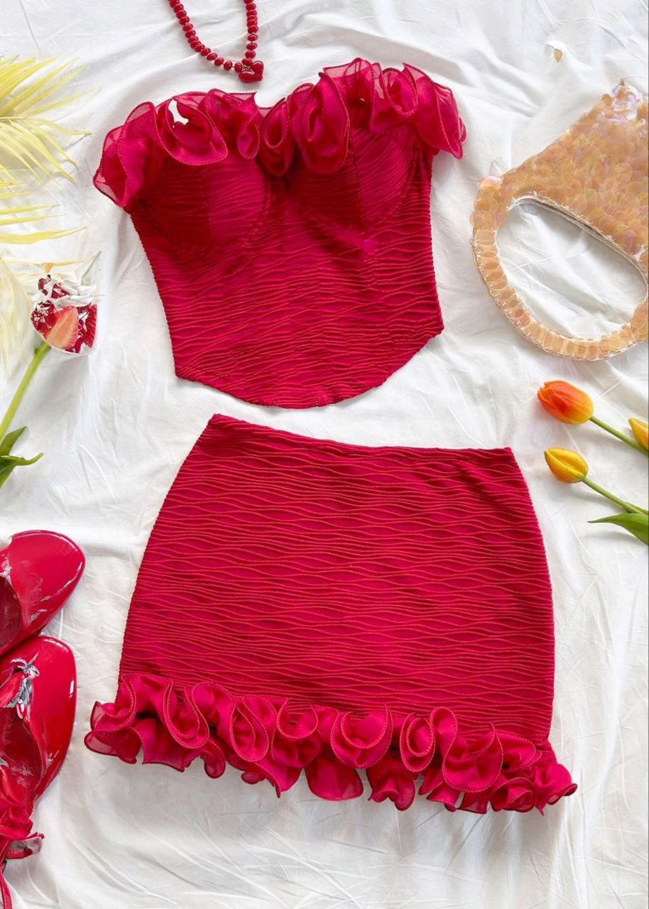 Ruffle Trim Fitted Corset Top And Low Waist Mini Skirt