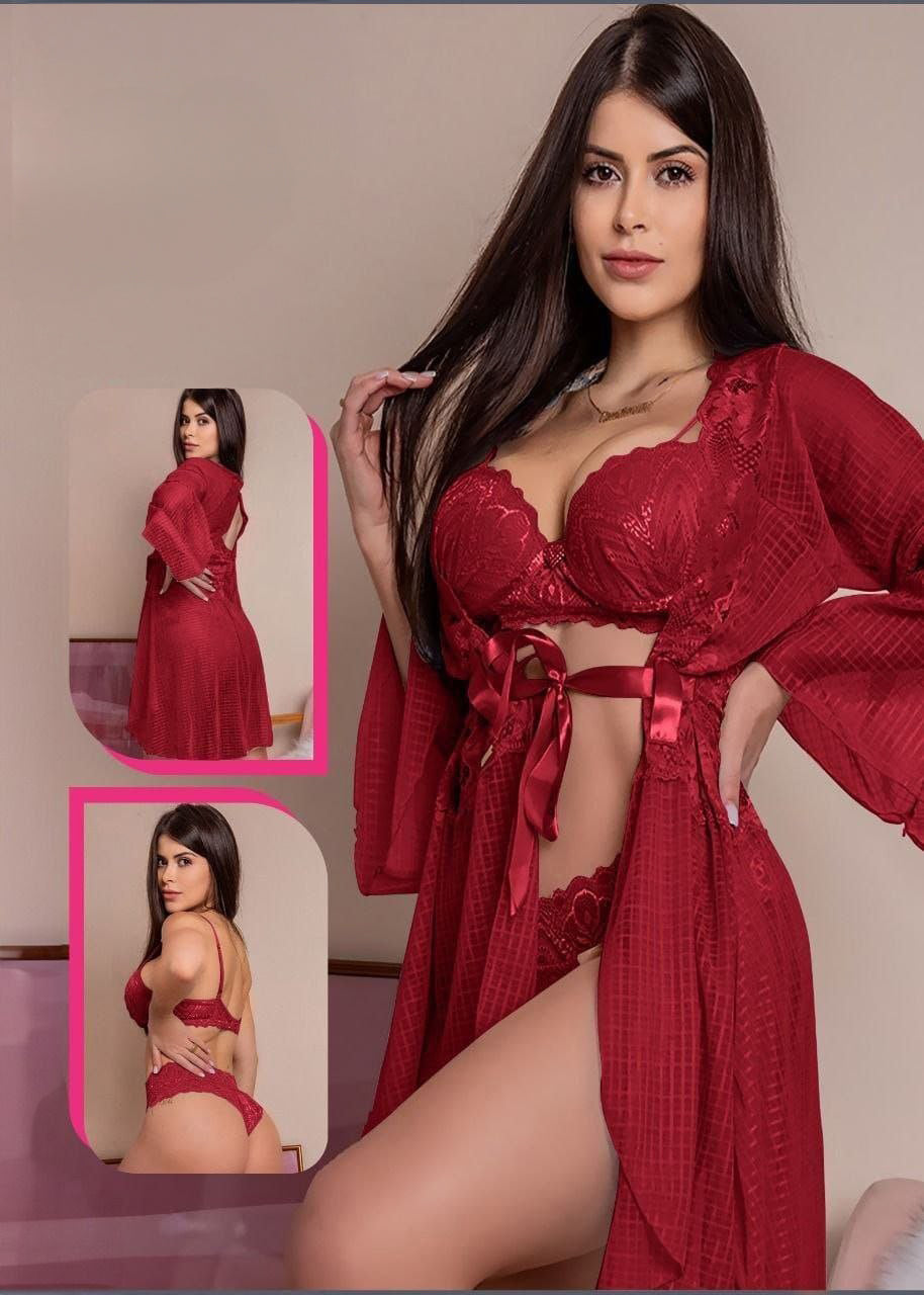Baby Blue Lace Robe 3-Piece Set