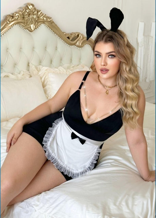 Curvy Soft Sexy Maid Costume Lace Trim Strap Mini Dress