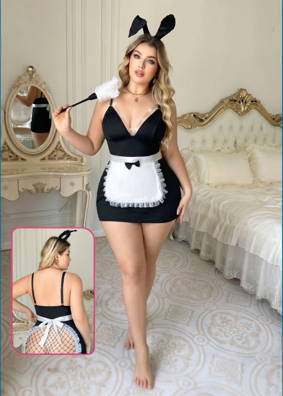 Curvy Soft Sexy Maid Costume Lace Trim Strap Mini Dress